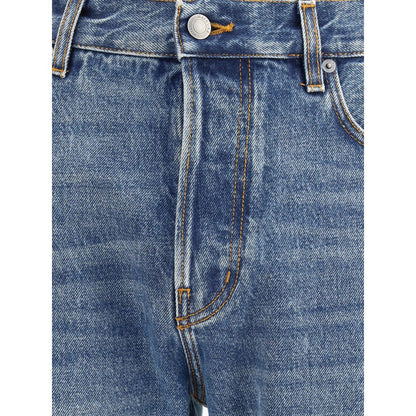 Close-up of Haikure Blue Cotton Straight-Leg Jeans with button closure and vintage pattern, featuring five-pocket design and belt loops.
