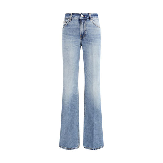 Haikure Light Blue Cotton Flared Jeans with mid-rise waist, zipper, and button closure, five pockets, and logo leather patch, ideal for casual looks.