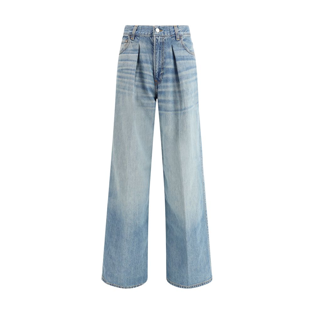 Haikure Light Blue Cotton Jeans Denim with wide legs and classic five-pocket design, featuring a logoed leather patch on back.
