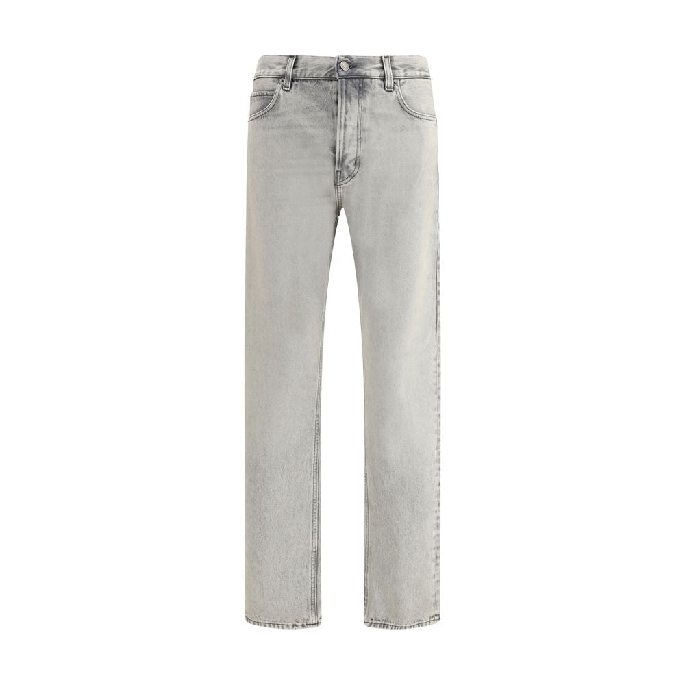 Haikure Light Blue Cotton Straight-Leg Jeans with five-pocket design, rivets, and custom buttons, perfect for any occasion.