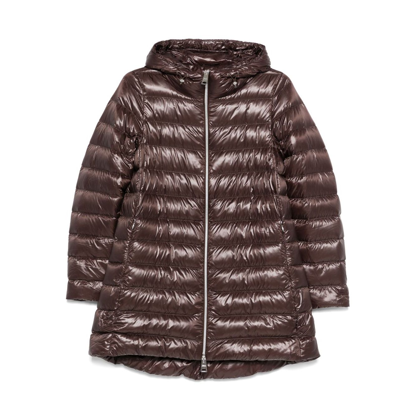Herno Coats Brown: Chocolate brown high-shine A-line midi down jacket with drawstring hood and zip pockets