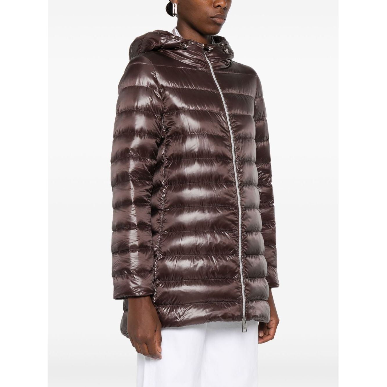 Herno Coats Brown high-shine chocolate brown down jacket with hood, two-way zip, and zip pockets for stylish comfort.