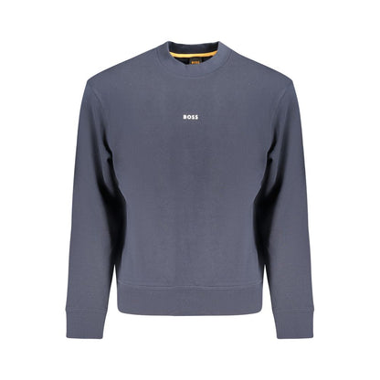 Hugo Boss Blue Cotton Men Sweater with long sleeves and iconic logo; designer luxury and comfort in high-quality cotton, perfect for cooler days.