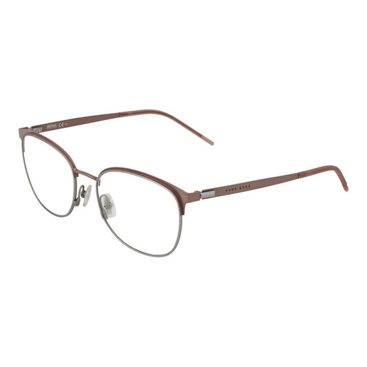 Hugo Boss Pink Women Glasses Frame in rose stainless steel, full-rim, rectangle style with demo plastic lenses, includes branded case.