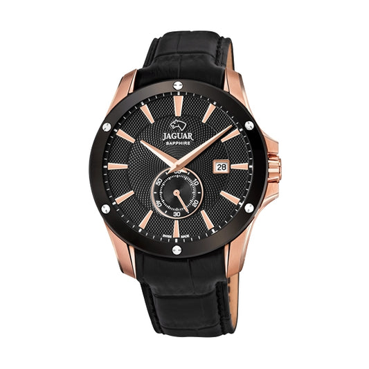 Alt Tag: JAGUAR WATCHES Mod. J882/1 with black dial and rose gold case featuring a leather strap, perfect for style and elegance.
