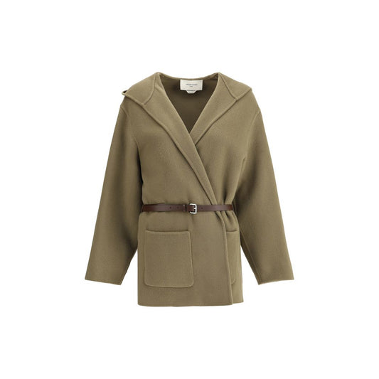 Jacob Cohen Brown Fleece Wool Coat with hood, belted waist, and patch pockets, made from cream brushed wool. Elegant and refined design for AW25.