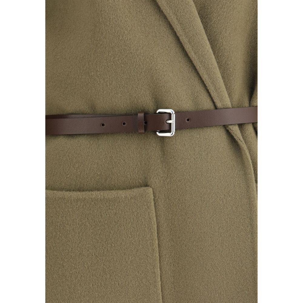 Jacob Cohen Brown Fleece Wool Coat with belted waist and patch pockets, showcasing elegant and refined design in cream-colored brushed wool.