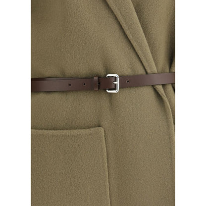 Jacob Cohen Brown Fleece Wool Coat with belted waist and patch pockets, showcasing elegant and refined design in cream-colored brushed wool.