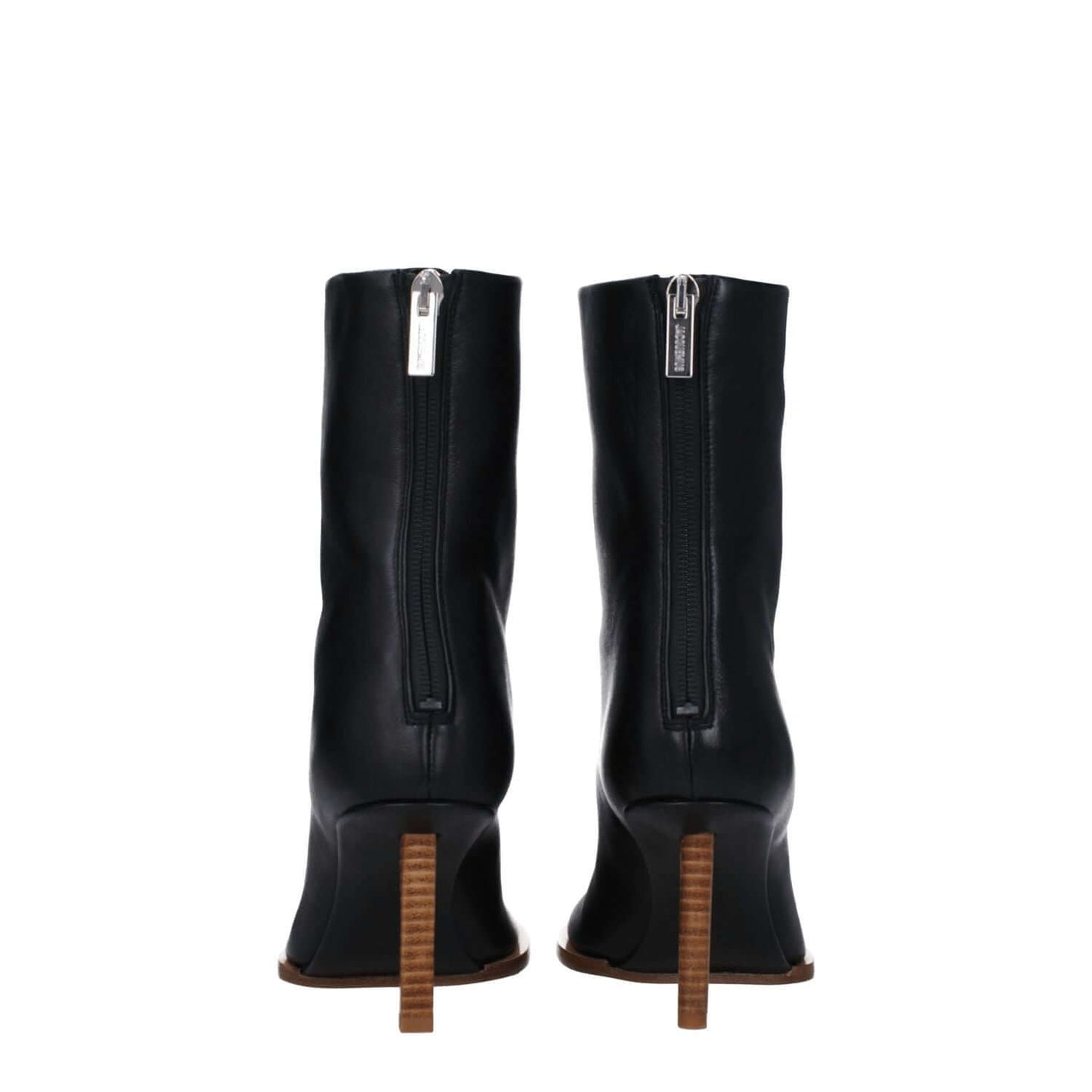 Jacquemus Black Leather Ankle Boots with high heels and zip closure, viewed from the back.