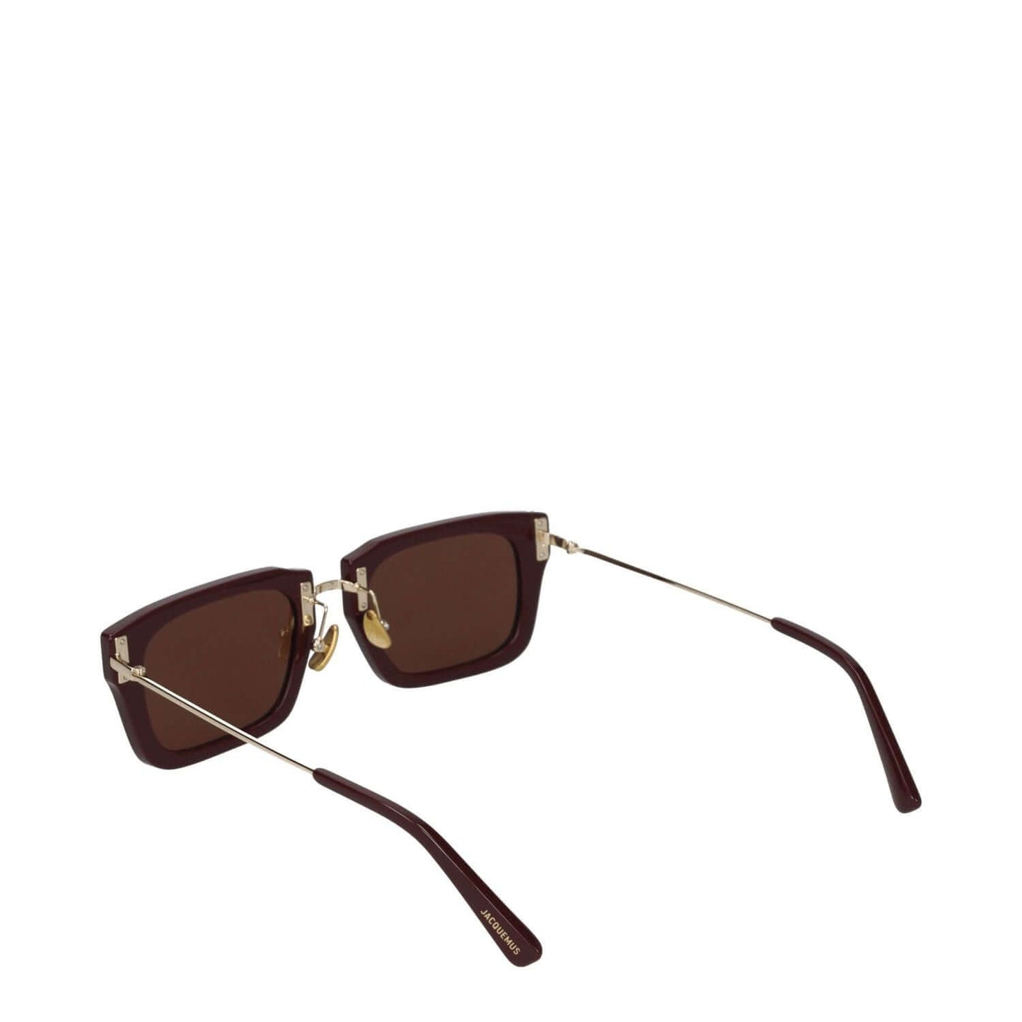 Jacquemus Brown Acetate Sunglasses with square frame, gold accents, and included protective case. Stylish eyewear with a dark lens.