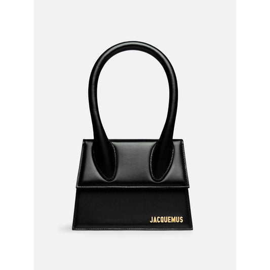 Jacquemus Le Chiquito Moyen Black Bag with gold hardware, removable strap, magnetic closure, and inside pocket, made in Italy.