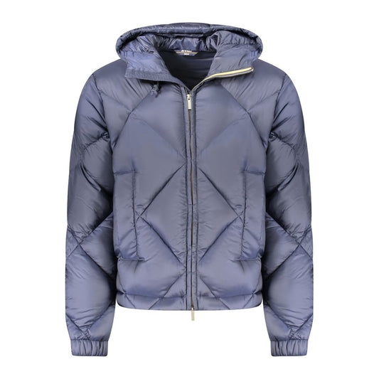 K-WAY Blue Polyester Men Jacket with hood and zip front for stylish functionality.