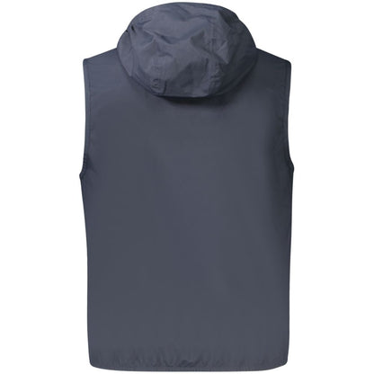 Back view of K-WAY Blue Polyester Men Sleeveless Jacket with removable hood and smart contrasting details.