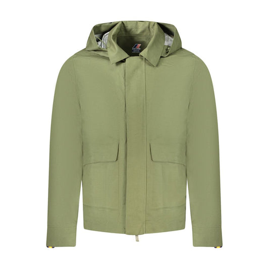 K-WAY Green Cotton Men Jacket with removable hood and multiple pockets, perfect for versatile wear and seasonal transitions.