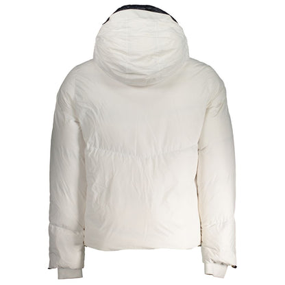 Back view of K-WAY White Polyester Men Jacket, long-sleeved with hood, showcasing elegant design and warmth.
