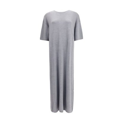 Khaite Gray Wool Casual Dress with flared silhouette, crew neck, and elbow-length sleeves for a refined look, made of merino wool.
