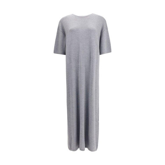 Khaite Gray Wool Casual Dress with flared silhouette, crew neck, and elbow-length sleeves for a refined look, made of merino wool.