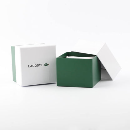 Official LACOSTE Mod. 2011260 watch box with green and white design, ideal packaging for quartz analog gent's watch, 43mm case size.