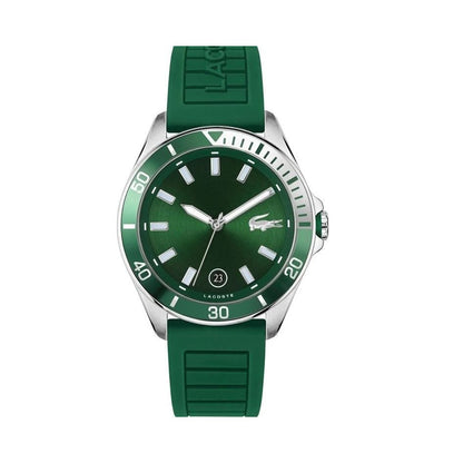 LACOSTE Mod. 2011263 quartz analog gent watch with green dial, 43mm case, 5 ATM water resistance, and official box packaging.