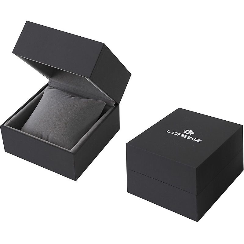 Packaging for LORENZ MOD. 28190AA wristwatch with black box and cushion inside, showcasing luxury design and protection.