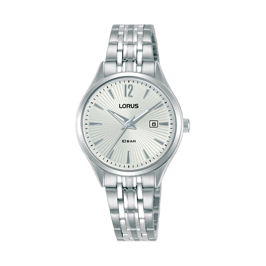 LORUS WATCHES Mod. RJ201CX9 silver stainless steel bracelet with a date display on a textured dial.