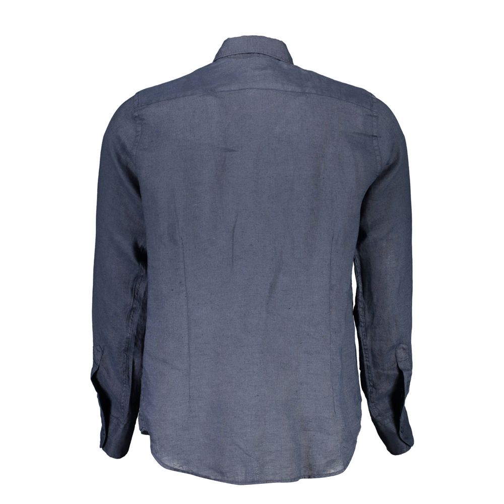 La Martina Blue Linen Men Shirt back view showcasing fine tailoring and premium linen fabric.