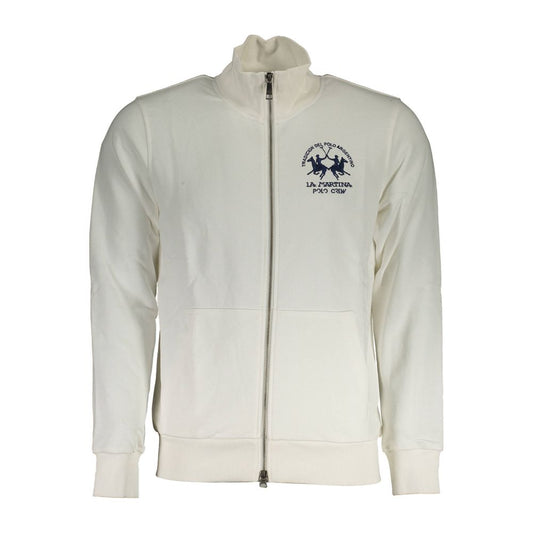 La Martina White Cotton Men Sweater With Zip and Pockets featuring embroidery and bold logo on the chest for stylish comfort.