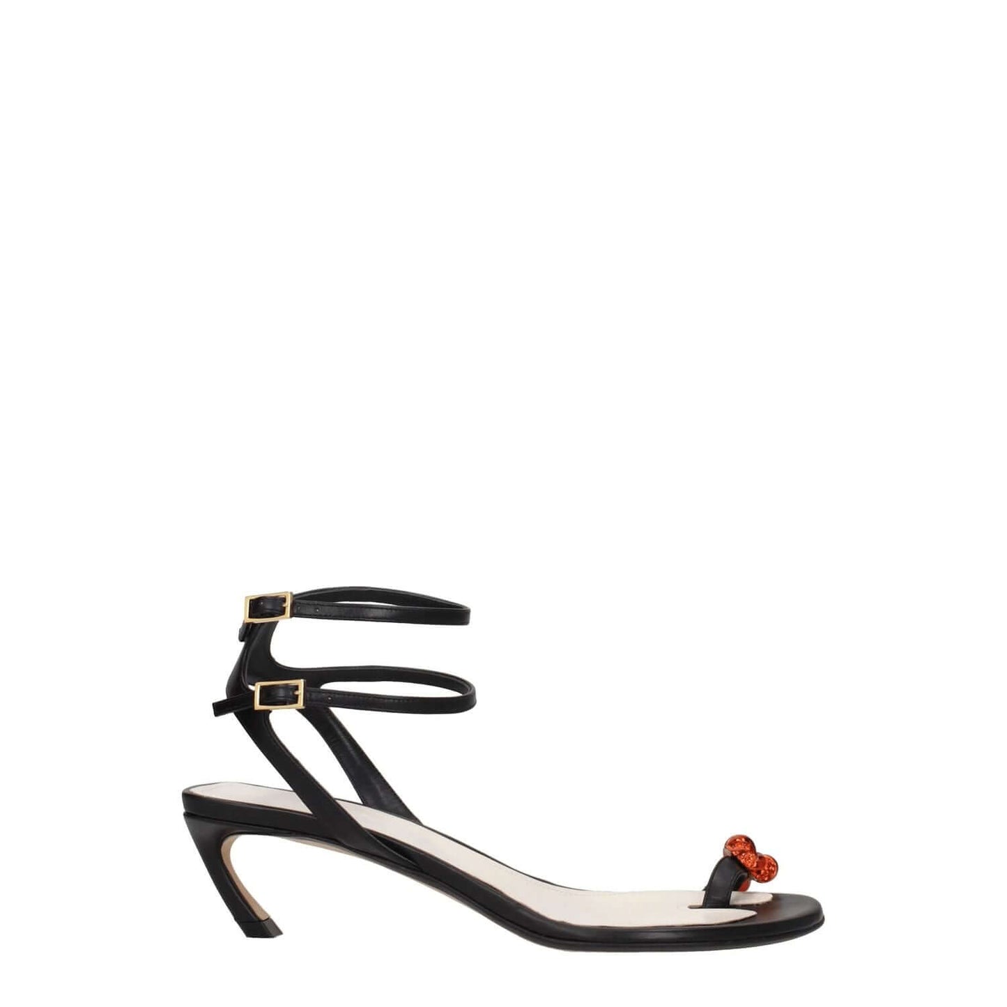 Lanvin Black Leather Stiletto Heel Sandals with rhinestone detail, buckle closure, open toe design, and mid 6 cm heel height.