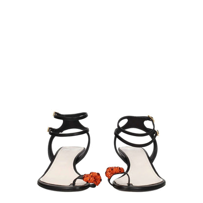 Lanvin Black Leather Stiletto Heel Sandals with rhinestone front detail, buckle closure, and open toe style.