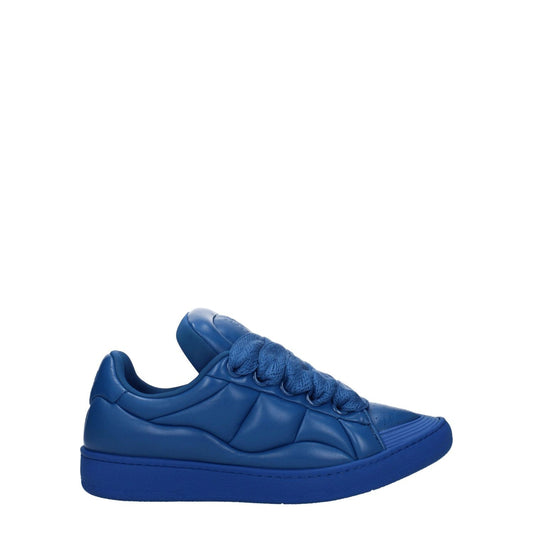 Lanvin Blue Leather Low Top Sneakers with lace-up closure, street style design, and rubber sole, featuring front and back logos.