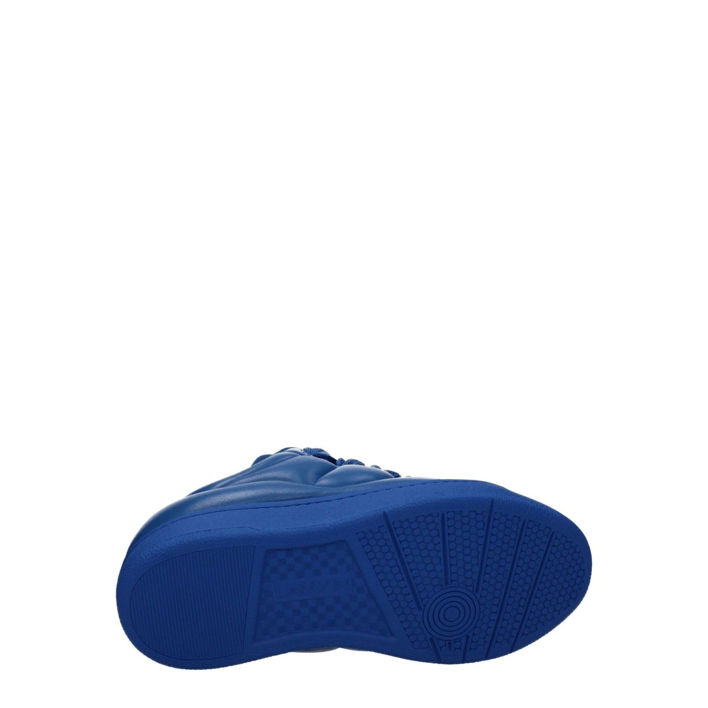 Lanvin Blue Leather Low Top Sneakers with rubber sole, lace-up style, and round toe. Features front and back logos.