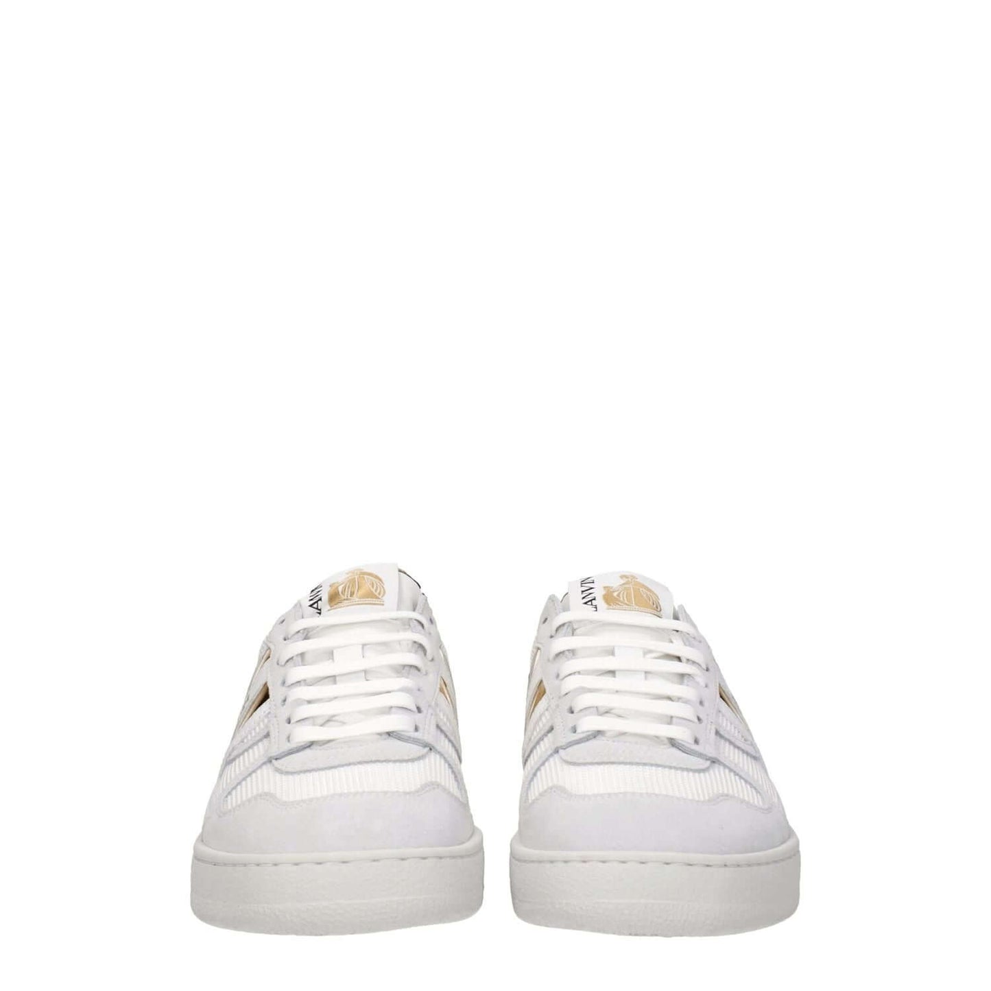 Lanvin White Fabric Low Top Sneakers with logos, gold accents, lace-up closure, leather material, and rubber sole, front view.