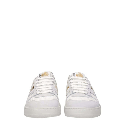 Lanvin White Fabric Low Top Sneakers with logos, gold accents, lace-up closure, leather material, and rubber sole, front view.