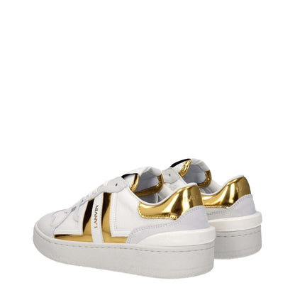 Lanvin White Fabric Low Top Sneakers with gold accents, lace-up closure, leather material, and round toe design.