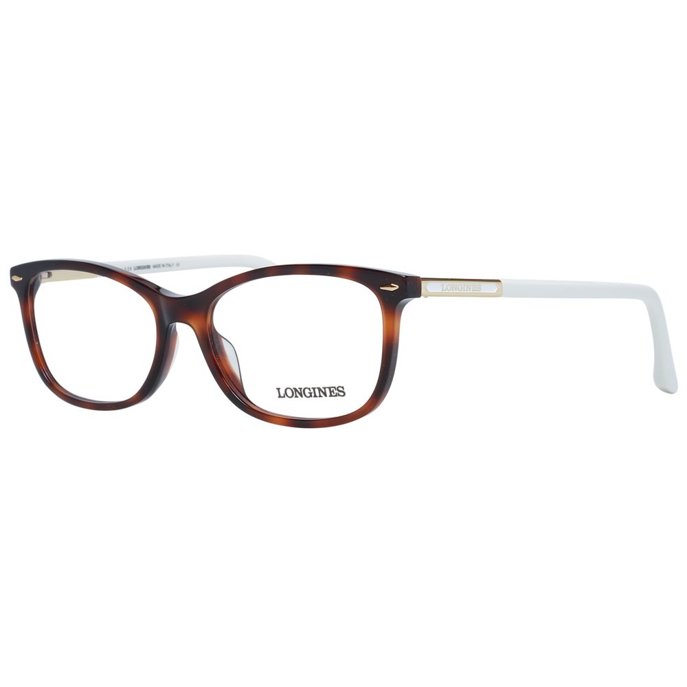 Longines Brown Women Glasses Frame with full-rim acetate design and demo lenses, size 54-16-140, includes branded case.