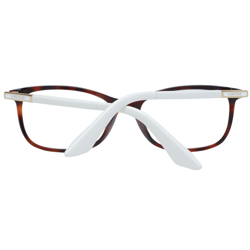 Longines Brown Women Glasses Frame in full-rim rectangular style with acetate material and demo lenses.