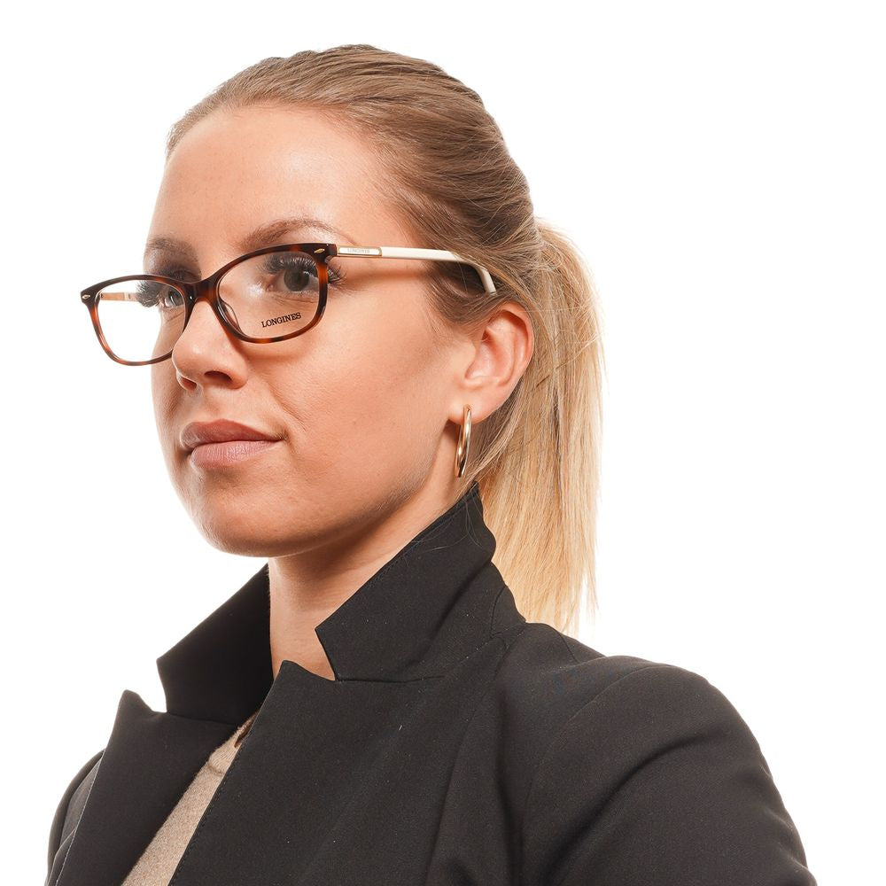 Woman wearing Longines Brown Women Glasses Frame with acetate full-rim in professional attire, highlighting rectangle style and demo lenses.