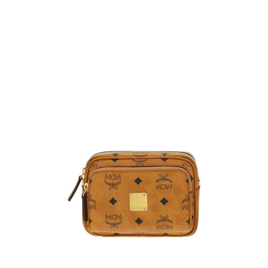 MCM Brown Cotton Shoulder Bag with iconic monogram print and gold-tone details, features adjustable strap and top zipper closure.