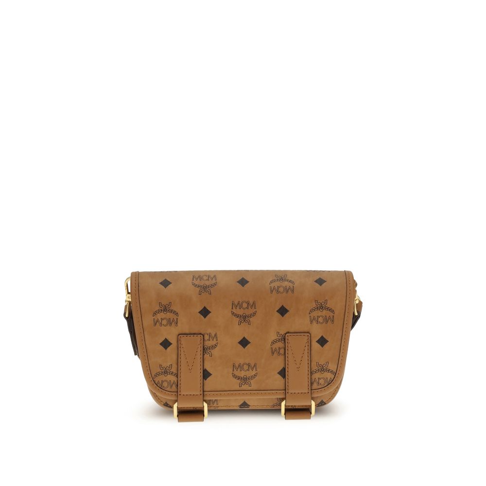 MCM Brown Fabric Shoulder Bag with logo print and elegant rectangular design, showcasing luxury craftsmanship and style.