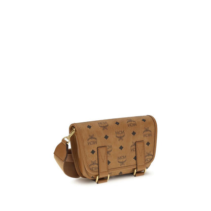 MCM Brown Fabric Shoulder Bag with logo print, featuring a rectangular silhouette and elegant design.