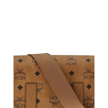 MCM Brown Fabric Shoulder Bag with logo print and elegant design featuring a rectangular silhouette and structured front.