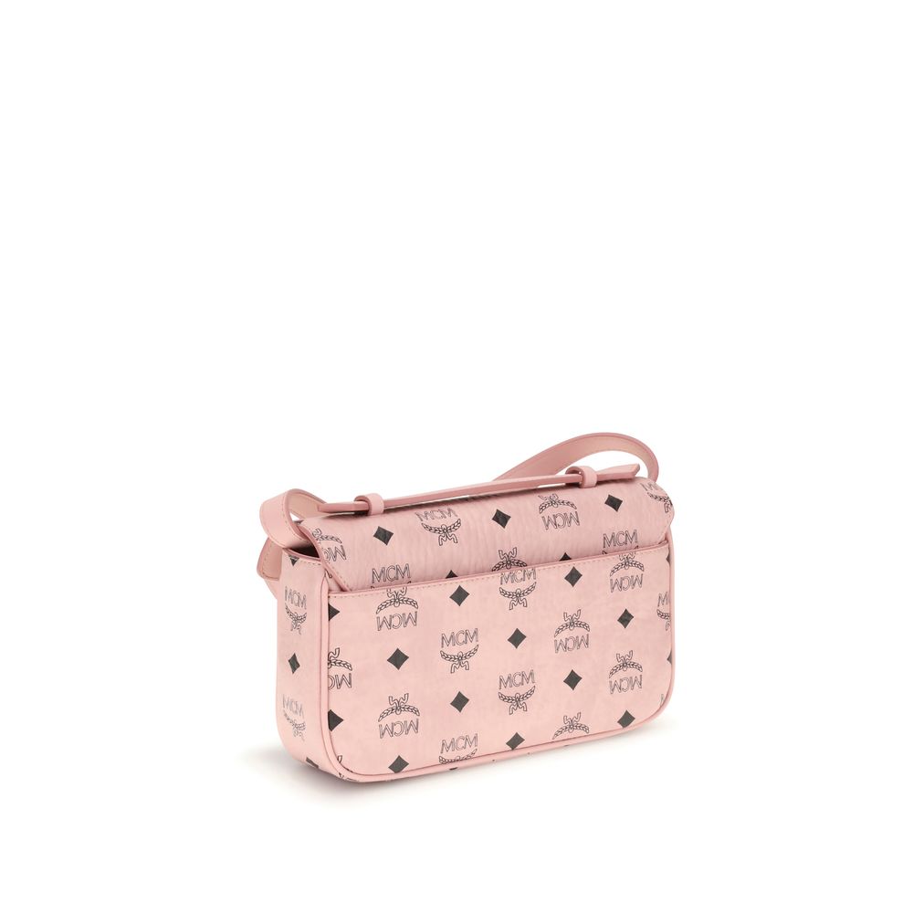 MCM Multicolor Polyethylene Handbag with gold details and logo, featuring premium leather and canvas, displayed against a white background.