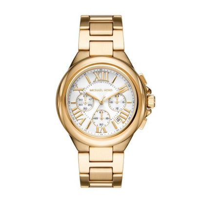 MICHAEL KORS Mod. CAMILLE gold wristwatch for ladies with chronograph and date functions, 5 ATM water resistance, in official box.