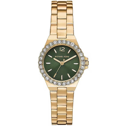 MICHAEL KORS Mod. LENNOX ladies wristwatch with 30mm SS IP gold case and strap, green dial, quartz movement, embellished with crystals.