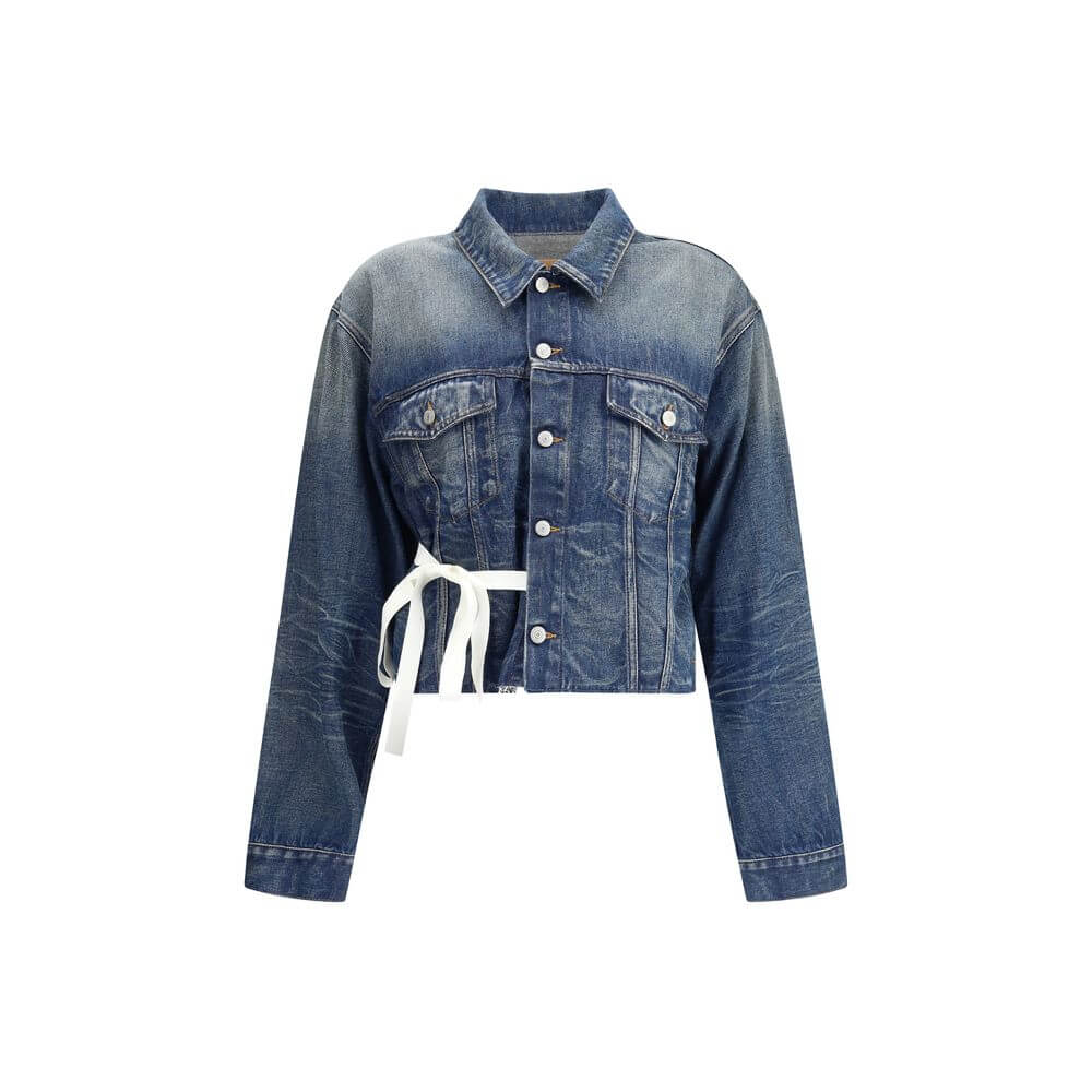 MM6 Blue Cotton Denim Jacket with raw-cut hem and knotted ribbon detail, front view.