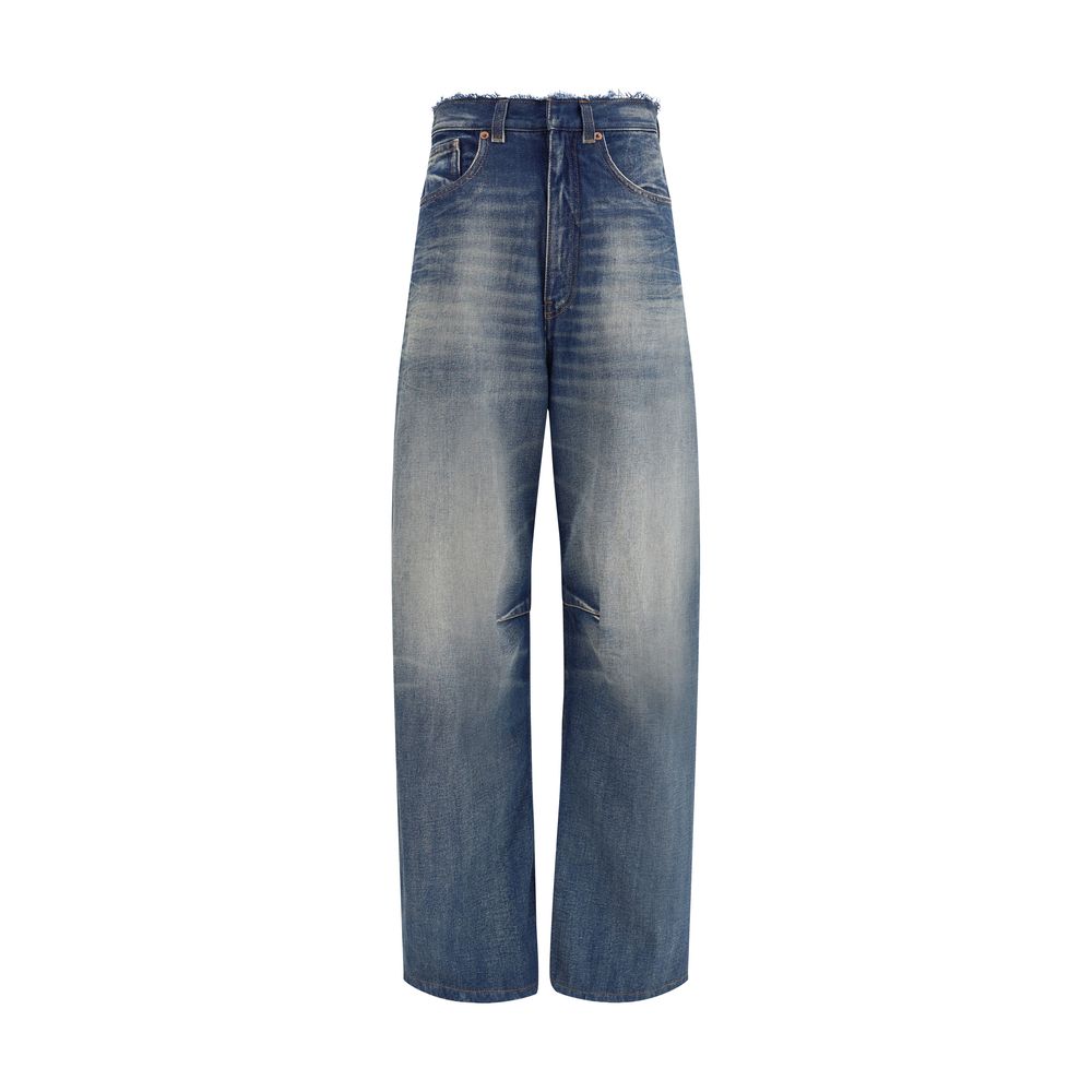 MM6 Blue Cotton Relaxed Fit Jeans with wide-leg, high-waisted design and frayed hems. Perfect for an edgy, casual look.