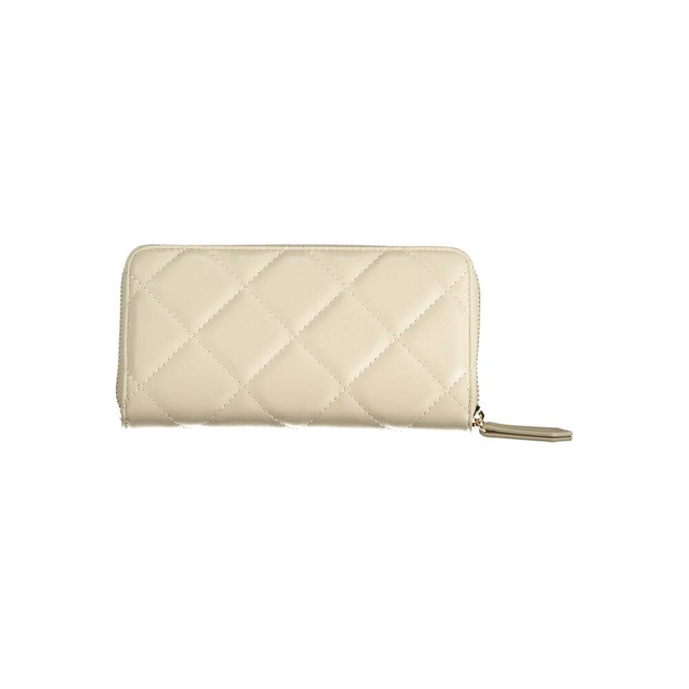 Mario Valentino Beige Polyethylene Wallet with six compartments, coin purse, card spaces, zip closure, and logo on front.