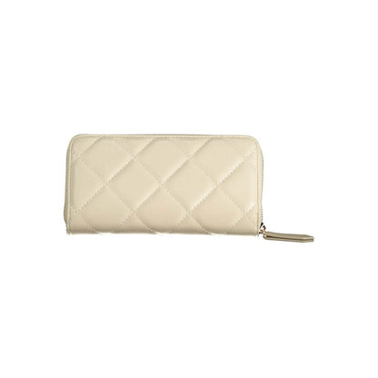 Mario Valentino Beige Polyethylene Wallet with six compartments, coin purse, card spaces, zip closure, and logo on front.