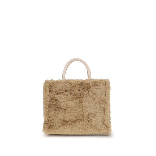 Marni Beige Polyester Handbag with fur lining and fabric handles, featuring a bold design and adjustable shoulder strap.