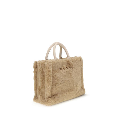 Marni Beige Polyester Handbag with fur lining, featuring two handles and a removable strap for versatile carrying options.